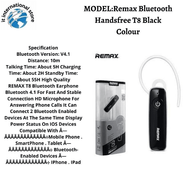 Remax Bluetooth Handsfree T8 Black Colour -