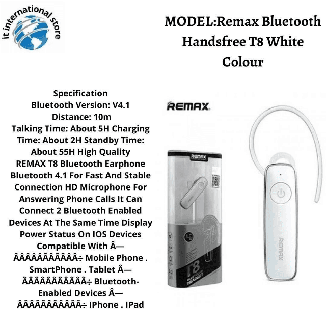 Remax Bluetooth Handsfree T8 White Colour -