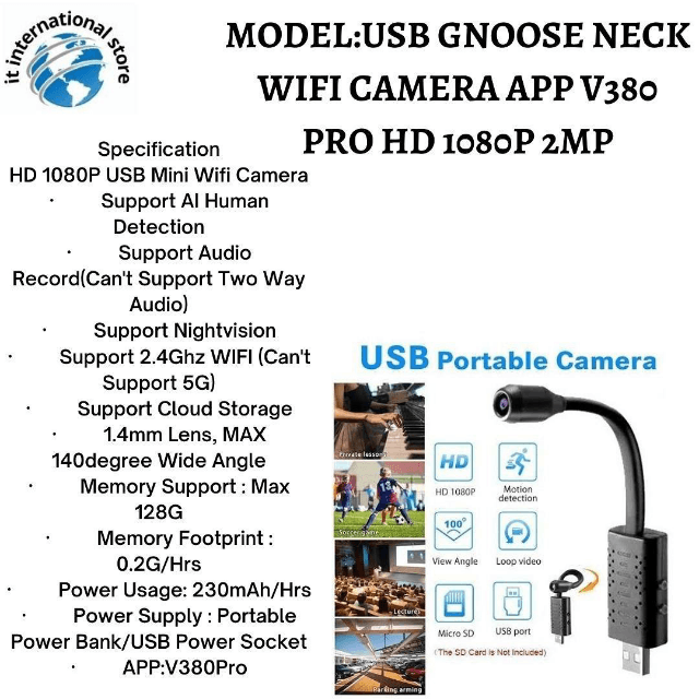 USB GNOOSE NECK WIFI CAMERA APP V380 PRO HD 1080P 2MP
