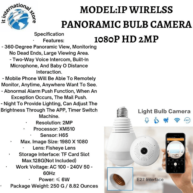 IP WIRELSS PANORAMIC BULB CAMERA 1080P HD 2MP