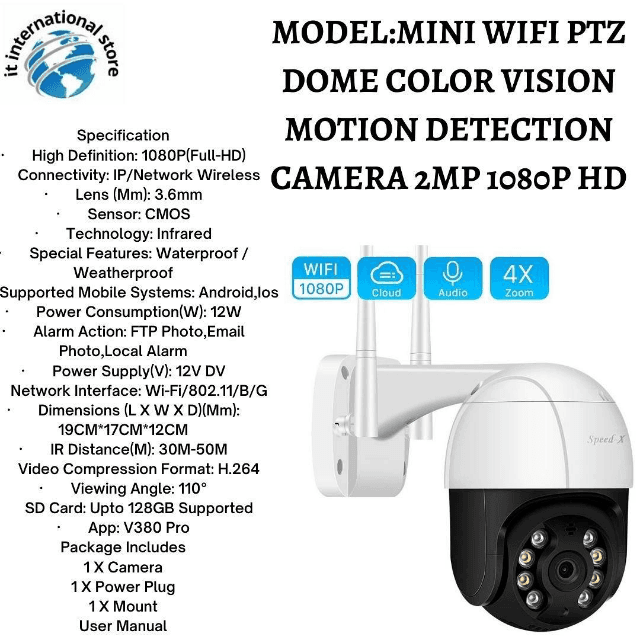 MINI WIFI PTZ DOME COLOR VISION MOTION DETECTION CAMERA 2MP