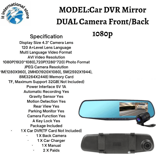 Car DVR Mirror Dual Camera Front/Back 1080p